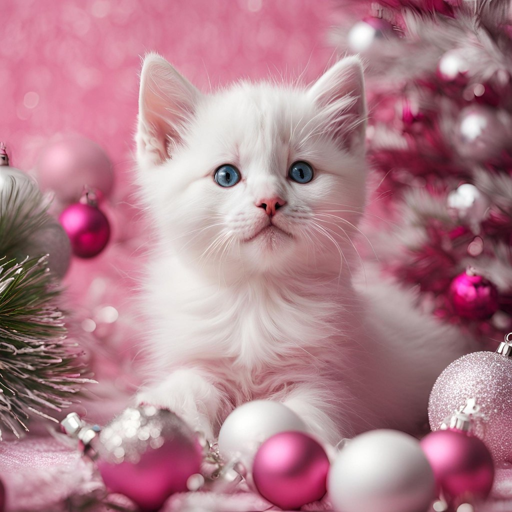 A white kitten with blue eyes among pink and white baubles