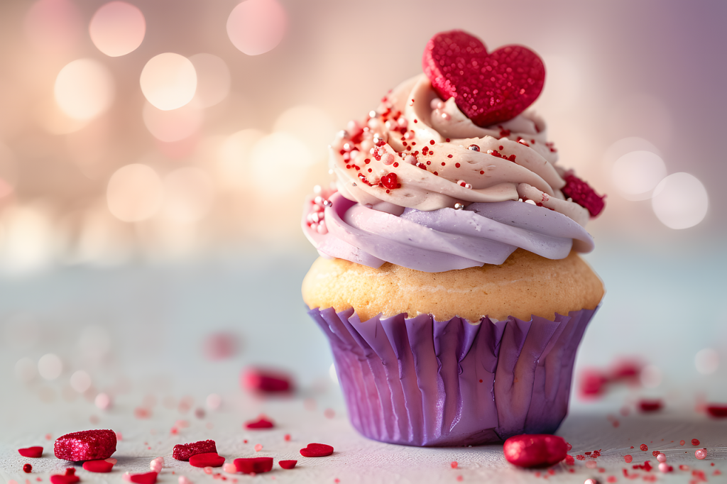 A cupcake in a purple wrapper with icing and a red heart on top